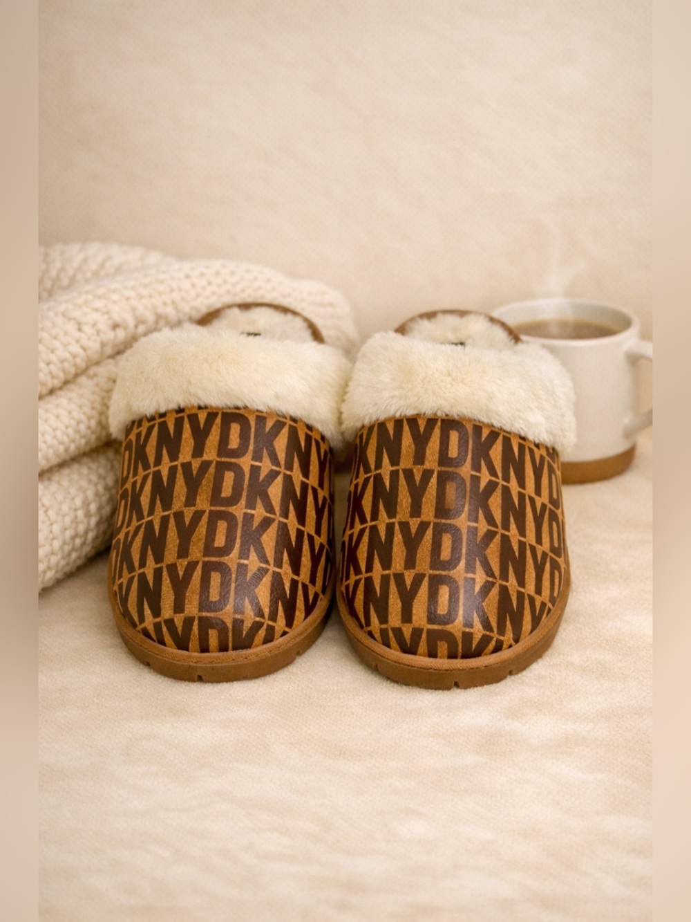DKNY Logo Brown Slippers with Cream Fur Size 8M